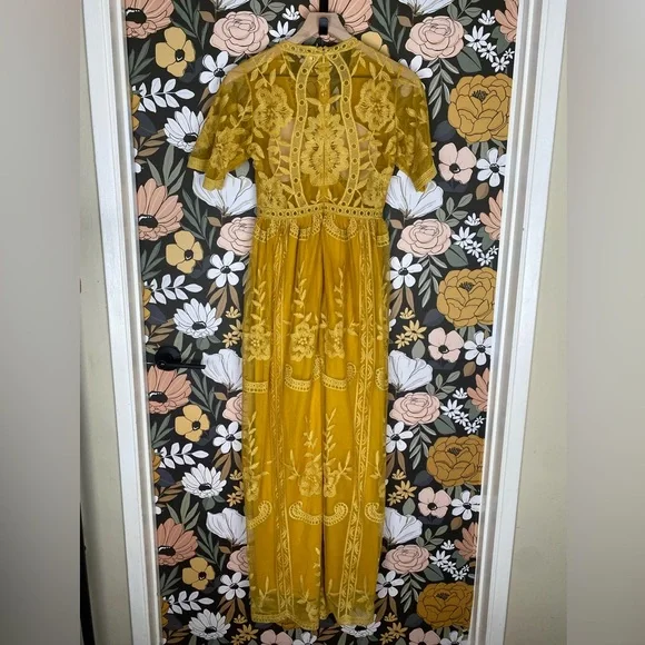 PinkBlush Mustard Lace Overlay Maternity Maxi Dress Boho Women Size Medium - Picture 7 of 11